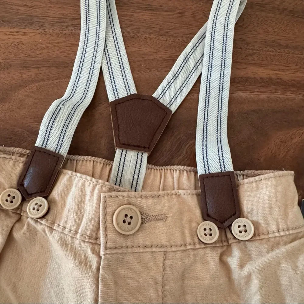 OshKosh B'gosh Baby Boy Suspender Shorts and Striped Button Bodysuit. 6 Months
